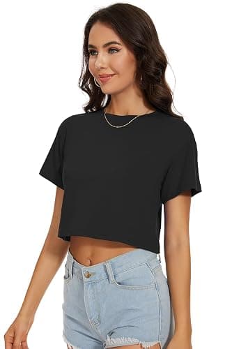 Womens Crop Tops Summer Casual T Shirts Short Sleeve Round Neck Tees Loose Basic Blouse thumbnail 6