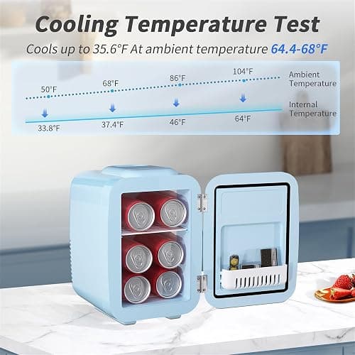 YASHE Mini Fridge, 4 Liter/6 Can Mini Makeup Fridge, 110V AC/ 12V DC Portable Thermoelectric Cooler&Warmer for Skincare, Drink, Cosmetic, Medicine, Small fridge for Bedroom, Office, Dorm, Car, Blue thumbnail 4
