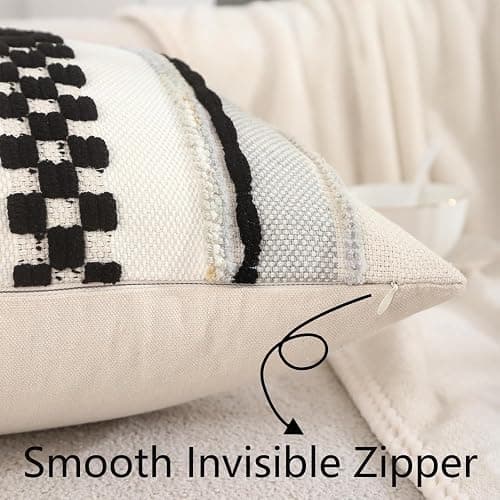 Tosleo Boho Pillow Covers 18x18 inch Set of 2 Black and Cream Throw Pillow Covers Stripe Tufted Decorative Pillow Case Accent Chenille Pillowcase Farmhouse Patterned Cushion Case for Spring Home Decor thumbnail 5