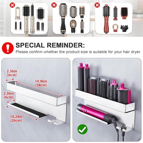 WAYASI Hair Dryer Holder Wall Mount, Hair Straightener Holder for Curling Iron Styler Accessory, Hair Dryer Storage, Adhesive Hairdryer and Straightener Holder, Hair Tool Organiser (Silver) thumbnail 3