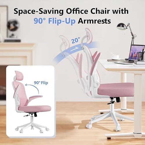 SeekFancy Ergonomic Office Chair M903, Computer Desk Chair with Wheels, High Back Mesh Office Chair with Adjustable Lumbar Support, Headrest, Flip-Up Armrests, Pink thumbnail 9