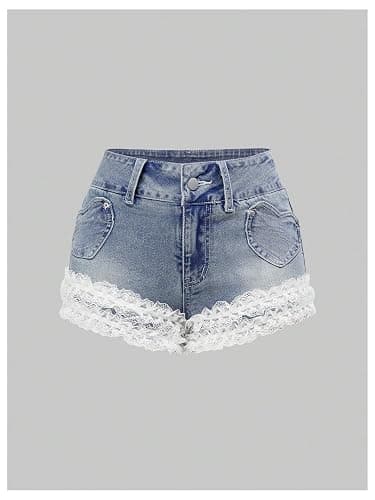 WDIRARA Women's Bow Knot Lace Trim Denim Shorts Y2k mid Waisted Jean Shorts with Pockets thumbnail 2