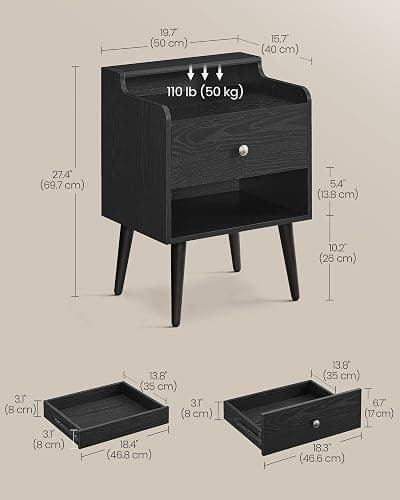 VASAGLE Nightstands, Set of 2, Bedside Tables with Hidden Drawers, Mid-Century End Side Tables with Solid Wood Legs, for Bedroom, Ebony Black ULET624B01 thumbnail 3