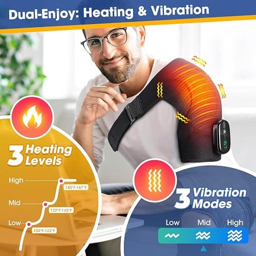 Cordless Shoulder Heating Pad with Massage, Heated Shoulder Wrap with Massage for Rotator Cuff Shoulder Brace, Shoulder Massager for Pain Relief Deep Tissue, Black thumbnail 7