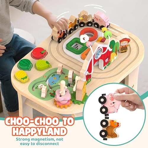 Weilim Montessori Activity Table for 1 Year Old, Wooden Farm Toddler Toy | Busy Activity Center with Bead Maze, Shape Sorter, Train Track & Spinning Gears—Sensory Play That Grows Fine Motor Skills thumbnail 5