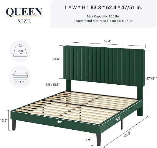 Allewie Queen Bed Frame, Velvet Upholstered Platform Bed with Adjustable Vertical Channel Tufted Headboard, Mattress Foundation with Strong Wooden Slats, Box Spring Optional, Easy Assembly, Green thumbnail 2