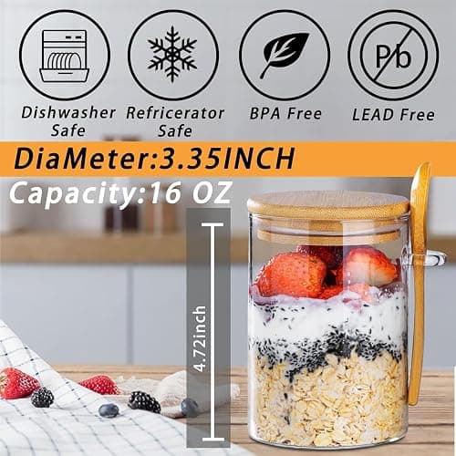 Overnight Oats Jar,4 Pack Meal Prep Containers With Lids, 16oz Oats Jar Glass, Overnight Oats Containers With Lids, Chia pudding jars with lids, Oatmeal Cups thumbnail 3