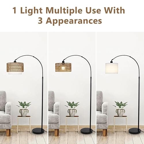 eyassi Arc Floor Lamp with Remote, Modern LED Floor Lamp with Dimmable Bulb, Boho Farmhouse Standing lamp with Fabric & Rattan Lampshades, Height Adjustable Black Tall Lamp for Living Room Bedroom thumbnail 8
