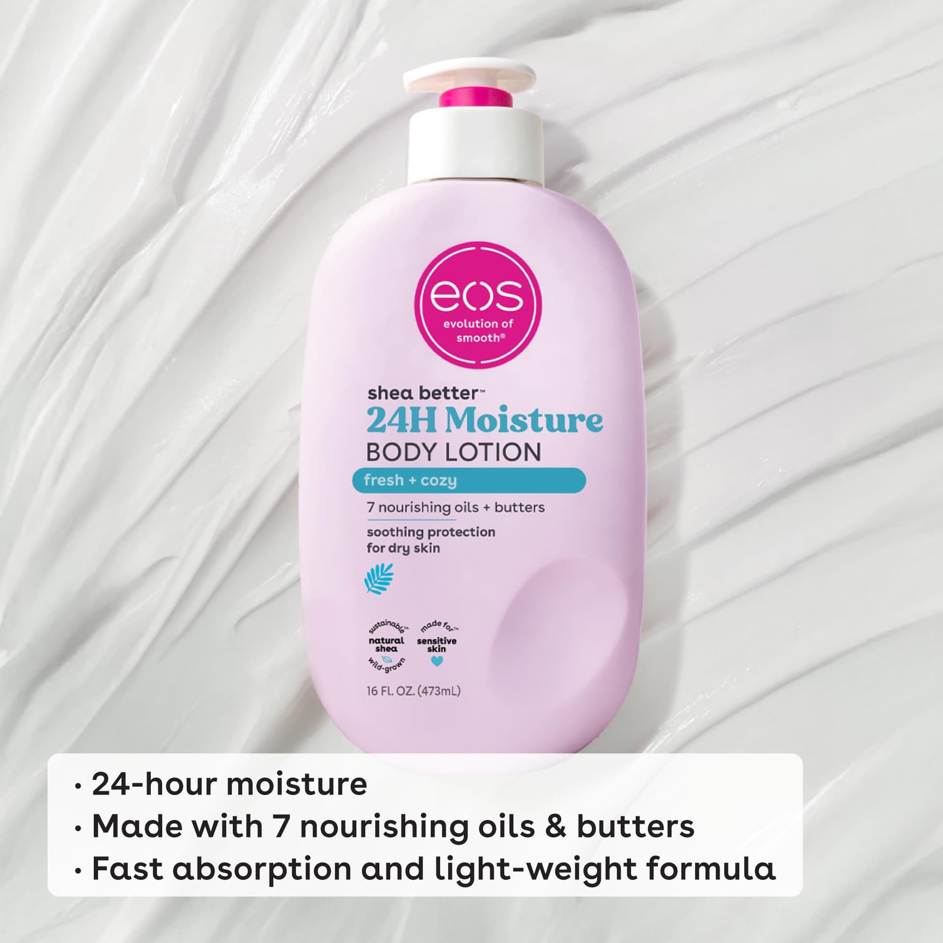 eos Shea Better Body Lotion Fresh & Cozy, 24-Hour Moisture Skin Care, Lightweight & Non-Greasy, Made with Natural Shea, Vegan, 16 fl oz thumbnail 4