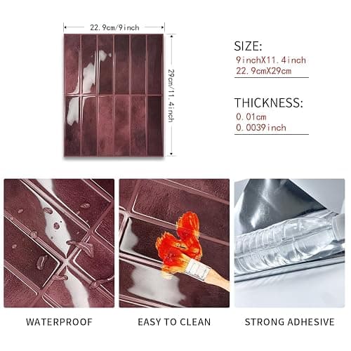 Alwayspon 22.9x29cmx10Pcs Self-Adhesive 3D Vinyl Wall Tile Sticker Transfers, Peel and Stick Waterproof Splashback Stick on Tile Decals for Kitchen Bathroom Wall, Retro Red thumbnail 8