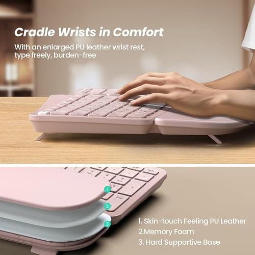 Nulea RT05 Wireless Ergonomic Keyboard, Split Keyboard with Wrist Rest, USB-C Charging, 7-Color Backlight, Natural Typing, Bluetooth and USB Connectivity, Compatible with Windows,Mac(Pink) thumbnail 5