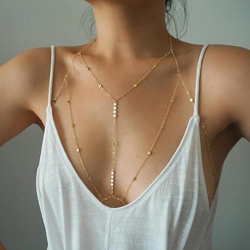 14K Gold Plated Body Chains for Women, Sexy Layered Belly Waist Chain Crossover Bikini Bra Chain, Summer Beach Rhinestone Body Jewelry thumbnail 3
