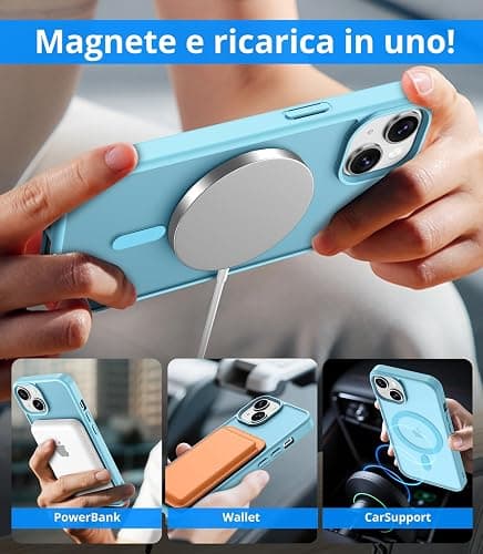 Vansdon Cover Magnetica per iPhone 13/14 con 1 Pezzi Vetro Temperato, Compatibile con Magsafe, Protezione anticaduta di livello militare, Custodia Traslucida Opaca Sottile Antiurto-Azzurro chiaro thumbnail 3