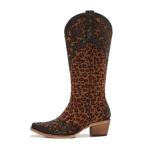 ZXHYZLZ Women's Knee High Leopard Print Cowboy Boots – Western Cowgirl Boots with Mid Heel Pull-On Style thumbnail 2