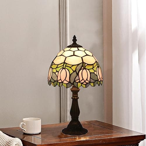tuomoxte Tiffany Style Table Lamp, Pink Tulip Stained Glass Lamp, 8 Inch Small Antique Lamp, for Bedside Nightstand Bedroom Living Room Home Office, Include LED Bulb thumbnail 5