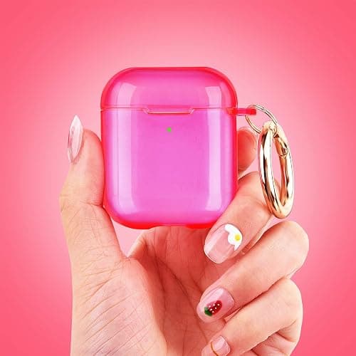 AIRSPO Airpods Case Cover, Clear Soft TPU Protective Cover Compatible with Apple AirPods 1st 2nd Generation Wireless Charging Case with Keychain (Neon Hot Pink) thumbnail 6