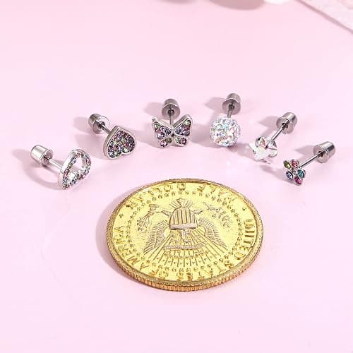 Finrezio Hypoallergenic Earrings for Girls Women Surgical Steel Screw Back Earrings Cute Earrings Girls Earrings Ages 8-12 Hypoallergenic Screwback Stud Earring Set thumbnail 7