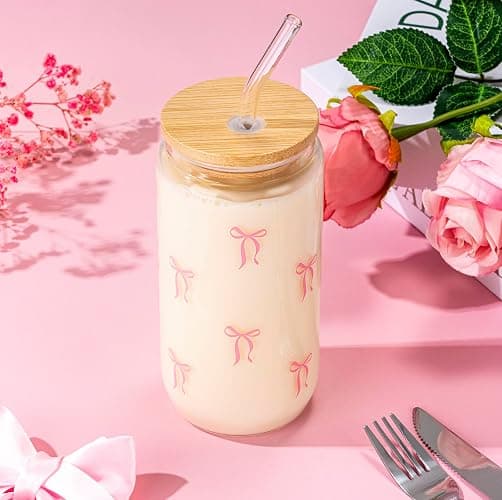 Cute Glass Cup with Lids and Straws,Cute Glass Cups Pink Bow Iced Coffee Cup,Drinking Jar Beer Cups,Gifts for Teen Girls Daughter, Sister, Mom, Classmates, Coworkers, Teachers 16 oz thumbnail 2