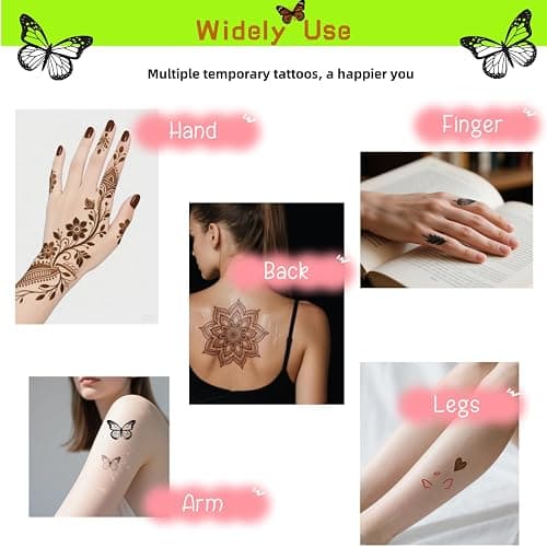 Temporary Tattoos Kit - Large 12 Sheets Temporary Tattoo Stencil Kit - 78 Unique Tattoo Designs - 6 Pcs (Brown/Black/Maroon) Ink with Paint Brush for DIY Body Art - Tattoos for Women Men Kids thumbnail 6