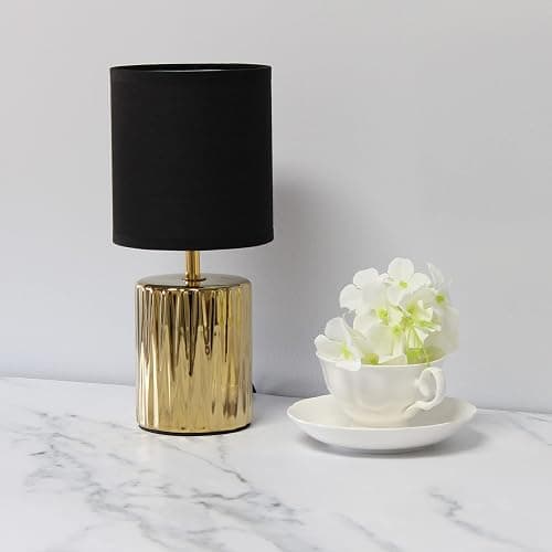 Simple Designs LT1132-GLD 11.61" Tall Contemporary Ruffled Metallic Gold Capsule Bedside Table Desk Lamp w Black Drum Fabric Shade for Home Decor, Bedroom, Living Room, Entryway, Office thumbnail 12