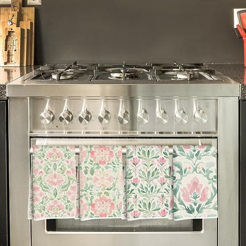4 Pcs Watercolor Floral Kitchen Towels, Artistic Pink Green Decorative Absorbent Microfiber Dish Cloth Tea Towel, Durable Waffle Hand Towels for Farmhouse Home Bathroom, Housewarming Gifts thumbnail 4