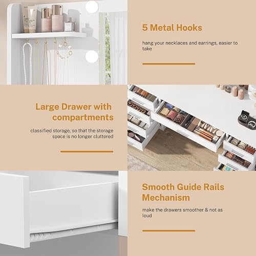 FIONESO Vanity Desk with Mirror and Lights, Makeup Vanity with 9 Drawers, 4 Shelves & 5 Jewel Hooks, White Vanity with Outlet & 3-Color Dimmable LED, Dressing Table for Women, Bedroom, White thumbnail 8