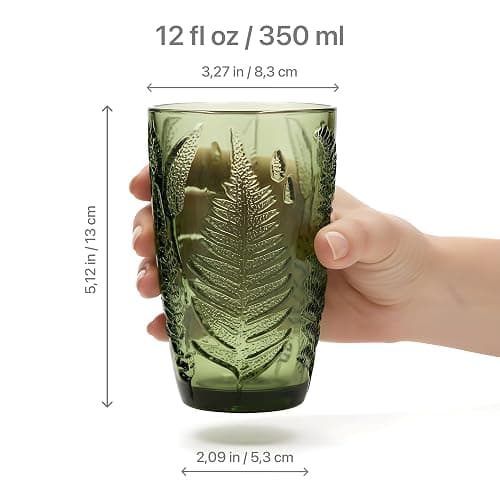 Green Drinking Glasses Set Of 4-12 Oz Hand Blown Vintage Drinking Glasses, Boho Aesthetic Antique Glassware, Colored Cute Glass Cups, Textured Highball Water Tumbler, Unique Retro Drinkware Gift thumbnail 3