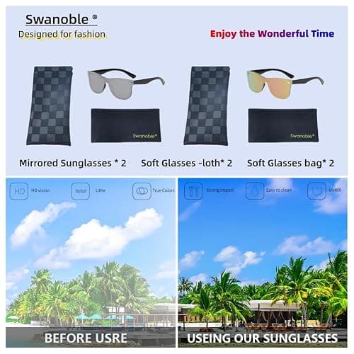 swanoble UV400 Rimless One-Piece Lens Reflective Sunglasses - Colored Mirrored Sun Glasses for Men & Women (2 Pack) thumbnail 6