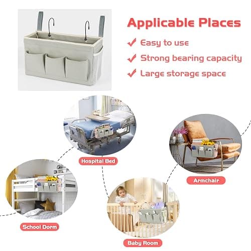 Loghot Bedside Caddy/Bedside Storage Bag Hanging Organizer for Bunk and Hospital Beds,Dorm Rooms Bed Rails,Can be Placed Glasses,Books,Mobile Phones,Keys (New Grey) thumbnail 7
