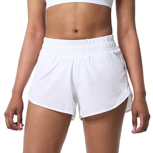 Aurefin Athletic Shorts for Women,Women's Quick Dry Workout Sports Active Running Track Shorts with Elastic and Zip Pockets - Regular Fit - Medium - White