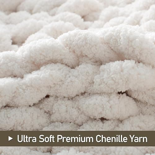LONG CREATE Chunky Knit Throw Blanket 50"X 60", 100% Handmade with Soft Chenille Yarn, 4.4lbs Thick Cable Knitted Blankets, Large Rope Knot Crochet Throws for Couch Sofa Bed Home Decor, Cream White - Cream White - 50x60 inch thumbnail 3
