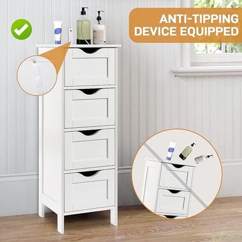 Bonnlo Bathroom Storage Cabinet Skinny Wooden Side Bathroom with 4 Drawers Small Free Standing Floor Cabinet White Slim 12 Inch Wide Organizer for Bedroom Living Room, 12 Inch Deep Narrow Organizer thumbnail 5