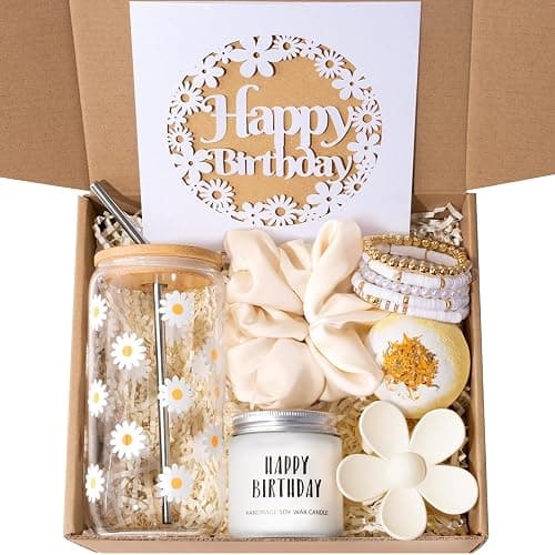 isolune Birthday Gifts For Women, Teen Girl, Her - Gift Baskets with Cute Daisy Aesthetic Glass Cups Gift Set 7pcs - Perfect for Girl, Sister, Daughter, Friends - Image 1
