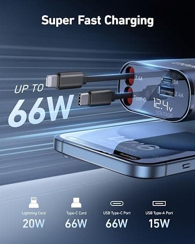 iPhone Car Charger, Retractable Fast Car Phone Charger 100w for CarPlay, 4 in 1 Car Charger Adapter with 2 Cables 31.5 Inch and 2 USB Ports, Compatible with iPhone 17/16/15/14/13/12/11 Pro/Samsung thumbnail 3