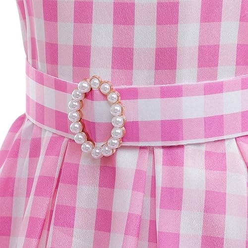 Cotpoddy Robbie Clothes For Girls Pink Plaid Dress Movie Doll Costume Pink Robbie Outfit for Kids Halloween Carnival Dress Up - Pink - 11-12 Years thumbnail 4