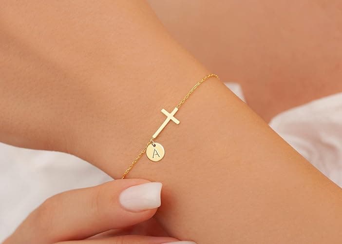 Sotcking Stuffers for Teens, Cross Bracelet for Women Dainty Cross Bracelet with Initials Link Chain Bracelets Christian Gifts for Women Teens Easter Baptism Religious Jewelry thumbnail 2