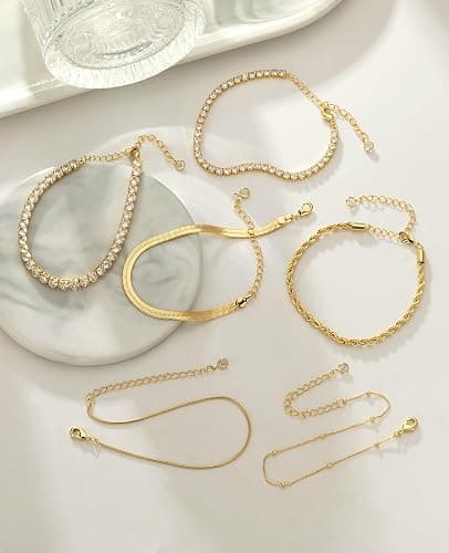Gold Bracelets for Women 14K Gold Plated Stack Trend Bracelets Charm Paperclip Chain Cuban Link Layered Waterproof Bracelet Dainty Bracelet for Women Jewelry Gifts thumbnail 5