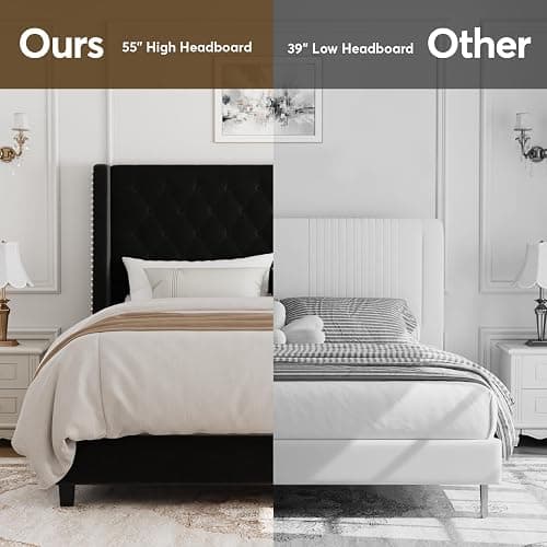 SEREINEY Full Bed Frame with 55" Tall Headboard, Upholstered Bed Frames, Soft Fabric, Button Tufted Headboard with Windback, Platform Bed, Noise-Free, No Box Spring Needed, Black thumbnail 6