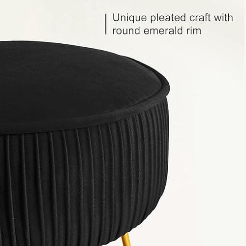 LUE BONA Pleated Vanity Stool, Velvet Upholstered Vanity Stool for Makeup Room, Ottoman Footrest with Metal Legs for Living Room, Bedroom, Black thumbnail 7