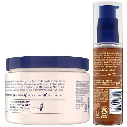 Vaseline Illuminate Me Body Butter & Body Oil - Shimmering Body Bronzer, Hydrating Whipped Organic Shea Butter with 24-Hour Moisture for Melanin-Rich Skin, Radiant Body Glow Oil (2 Piece Set) thumbnail 2