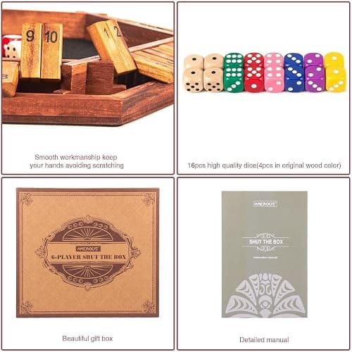AMEROUS Upgraded 1-6 Players Shut The Box Dice Game, Wooden Board Table Math Game with 16 Dice for Kids Adults, Family Classroom Home Party or Pub thumbnail 6