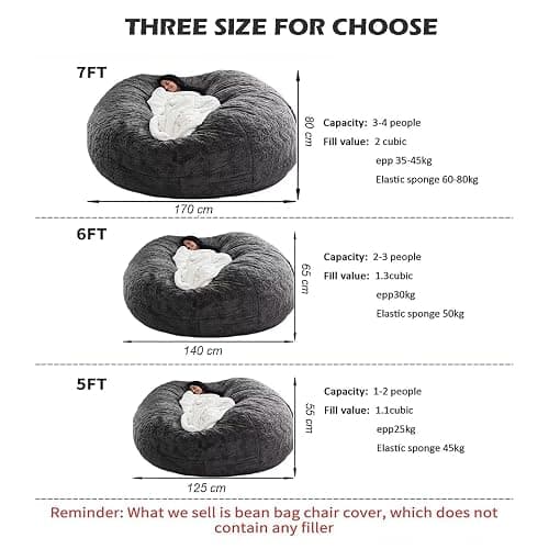 BCU 6FT Bean Bag Chair for Adults and Kids Without Filler Giant Stuffed Animal Storage Cover Soft Faux Fur Floor Chair Cover for Bedroom Living Room, Black thumbnail 2