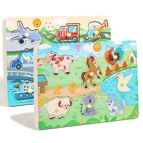 GRINNNIE Farm Animals and Vehicles Sound Puzzle (15 PCS) - Wooden Toddler Peg Puzzle Toys with Sound Effects for 3 4 5 Years Old, Birthday for Girls Boys - Image 1