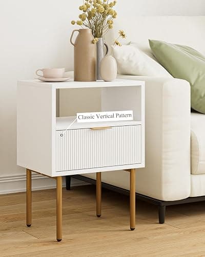 Masupu Nightstand,Mid-Century Modern Bedside Table with Storage Drawer and Open Wood Shelf,Small Gold Frame Side Table for Bedroom,Living Room,White thumbnail 4