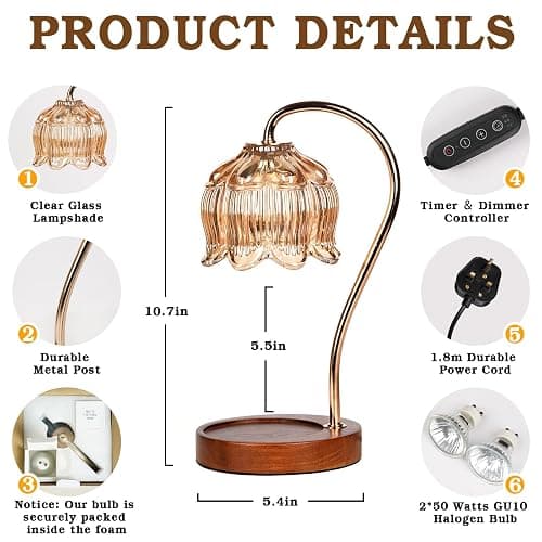Funistree Dimmable Candle Warmer Lamp, Gifts for Women Mum Friends, Birthday Presents for Her Sister Grandma, Vintage Amber Lamp Candle Warmer for Jar Candles thumbnail 2