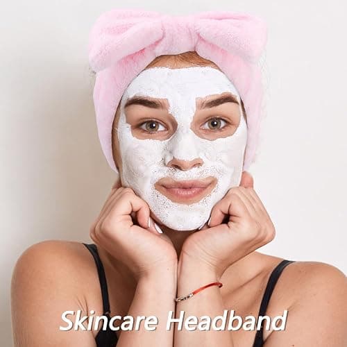 VELSCRUN Spa Headbands for Wash Face, Makeup Headband, Facial Skincare Headbands, 5 Pcs Pink Puffy Sponge Spa Headband Bow Tie Hair Band Hair Clips Wristband Set Women Girls Accessories thumbnail 4