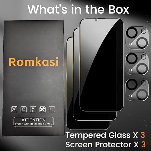 Romkasi 3 Pack Privacy Screen Protector for iPhone 14 Pro Max 6.7 Inch with 3 Pack Camera Lens Protector, Anti Spy Tempered Glass Film, Anti-Scratch, Touch Sensitive, Case Friendly thumbnail 2