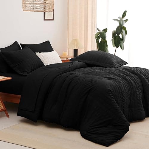 CozyLux Queen Comforter Set Black Seersucker 7 Pieces Bed in a Bag Queen Comforter Set with Sheets, Luxury Soft Bedding Set with Down Alternative Comforter, Sheets, Pillowcases & Shams for All Seasons thumbnail 7