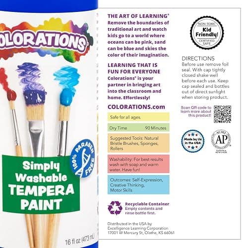 Colorations Paraben-Free Washable Tempera Paint for Kids - 8 Ounce Bottles, Set of 6 Primary Colors, Non-Toxic and Made in The USA thumbnail 6