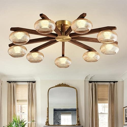 Walnut Wood LED Ceiling Light Fixture, Modern 9-Light Semi-Flush Mount with Glass Shades, 41" Farmhouse Chandelier Walnut & Brass for Living Room, Dining Room, Bedroom - Image 1